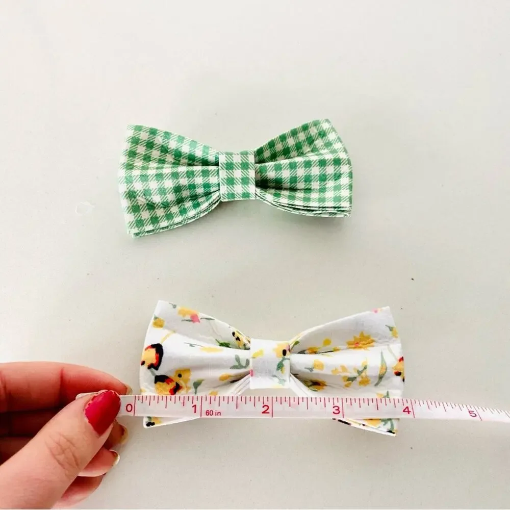 NEW HANDMADE Green White Plaid Yellow Floral Dog Cat Pet Collar Elastic Bow Tie